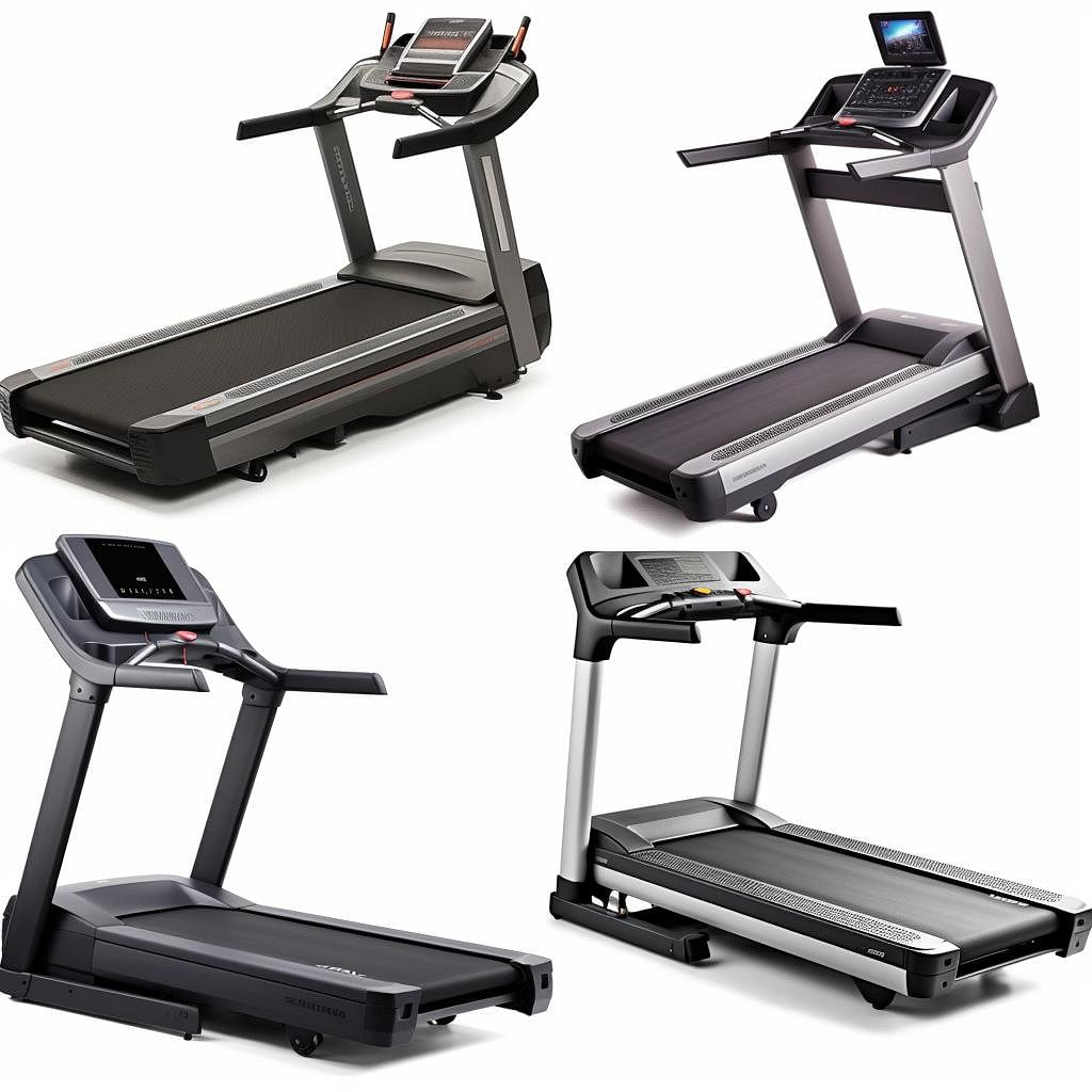 A collage of the top small treadmills for home gyms, featuring the NordicTrack T 6.5 Si Treadmill, ProForm Performance 400i Treadmill, Horizon Fitness T101 Treadmill, and Sole F63 Treadmill, with each treadmills key features highlighted.
