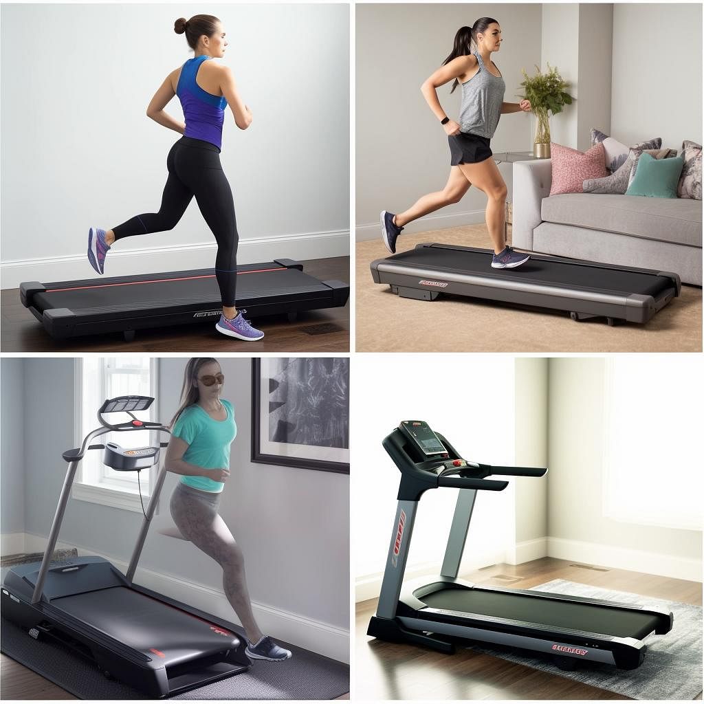 A collage of the top four small treadmills for home gyms, including the NordicTrack T 6.5 Si Treadmill, ProForm Performance 400i Treadmill, Horizon Fitness T101 Treadmill, and Sole F63 Treadmill, with a person exercising on each treadmill, showcasing their unique features and benefits. These treadmills are a great addition to a <a class=