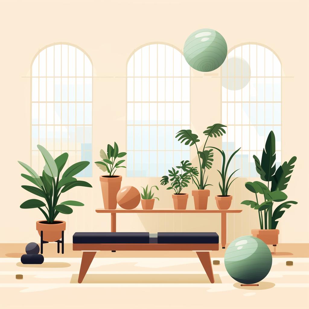 A comfortable and inviting home Pilates studio with a speaker, fan, and plants
