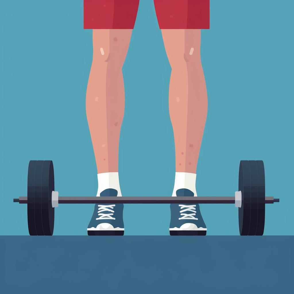 Person standing in front of a barbell, feet positioned under it