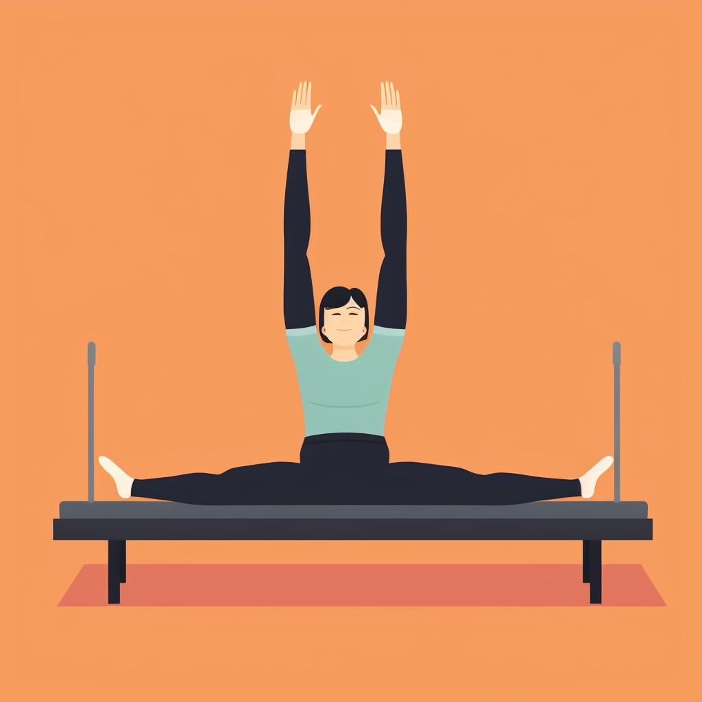 Person lying flat on a Pilates mat with arms extended overhead and legs straight