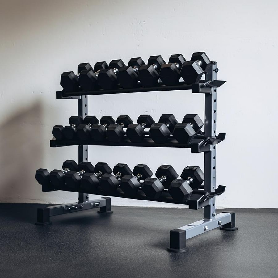 A sturdy weight rack filled with various dumbbells